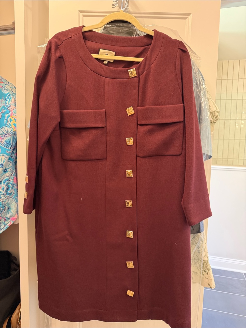 Tuckernuck Burgundy Button-Front Shift Dress with Patch Pockets
